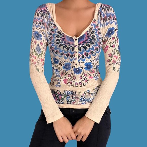 Vintage Free People Floral Boho Pullover Burnout Henley Hoodie Long Sleeve Top - Picture 2 of 16
